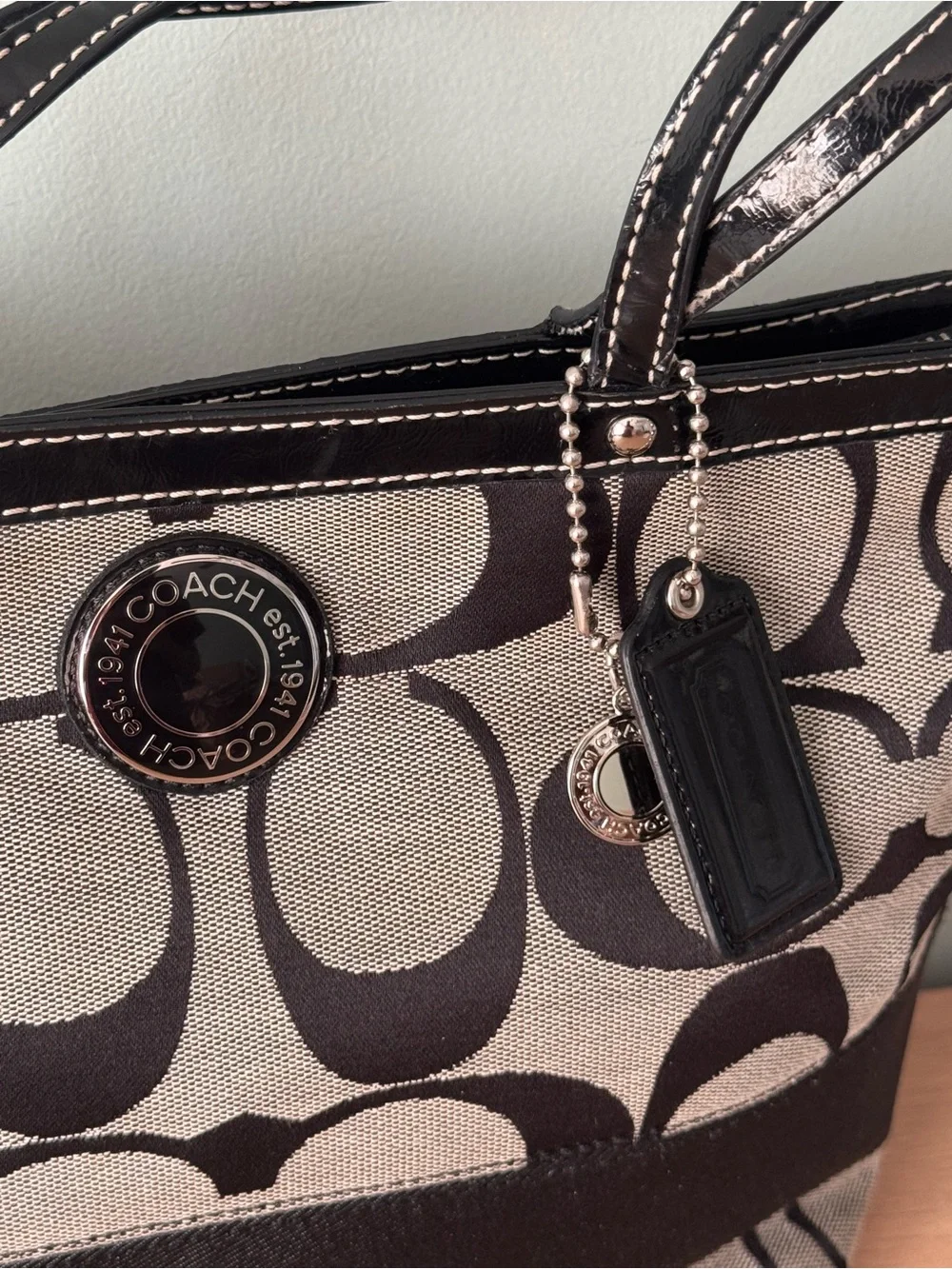 VTG Y2K Coach Signature Stripe Tote Black-On-Gray Monogram Jacquard Shoulder Bag
